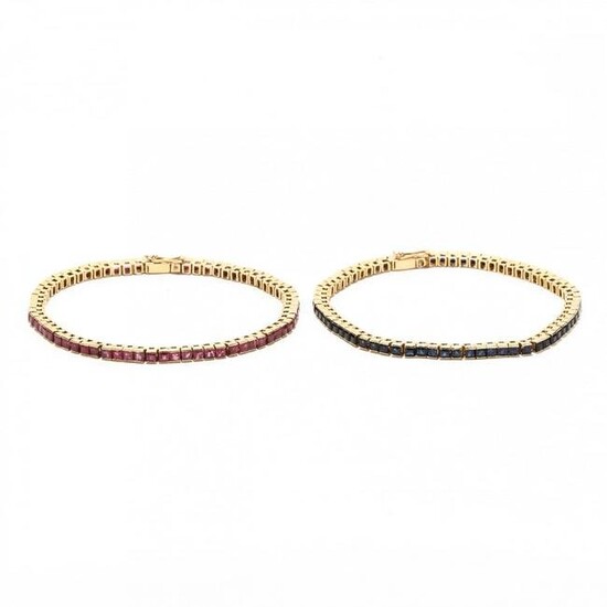 Two Gold and Gem-Set Line Bracelets