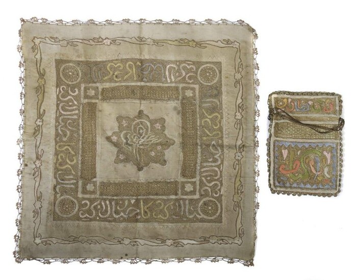 Two Ottoman embroideries around 1900/early 20th century, 1 silk doily (lxw: 48/48 cm) with appliquéd borders, silk and metal thread embroidery, tughra motif and calligraphy decoration, 1 small bag (hxw: 21/15 cm) with calligraphy decoration on both...