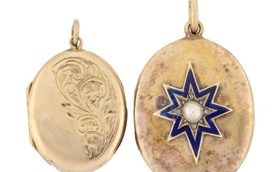 Two gold oval locket pendants, the first late 19th century, the front with applied star, the half-pearl centre with a rose-cut diamond border to blue enamel rays, the locket opening to reveal a glazed compartment containing hair, width 2.0cm; the...