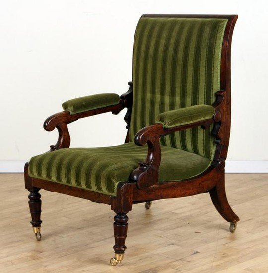 UPHOLSTERED OPEN ARM LIBRARY CHAIR CIRCA 1840