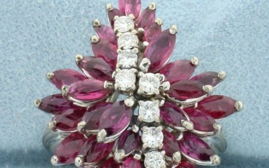 Unique Designer Ruby And Diamond Flower Design Ring in 18k White Gold