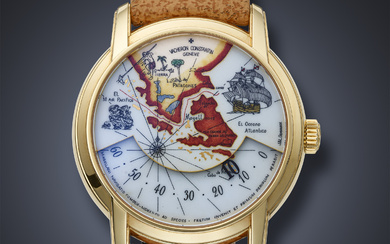 VACHERON CONSTANTIN, RARE YELLOW GOLD WANDERING HOURS 'TRIBUTE TO THE GREAT EXPLORERS 'MAGELLAN'' WITH HAND-PAINTED CHAMPLEVE ENAMEL DIAL, REF. 47070