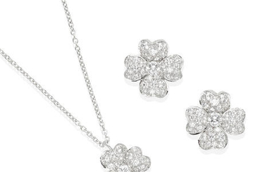 VAN CLEEF & ARPELS: A PAIR OF PLATINUM AND DIAMOND 'COSMOS' EARCLIPS AND PENDANT NECKLACE,, NEW YORK