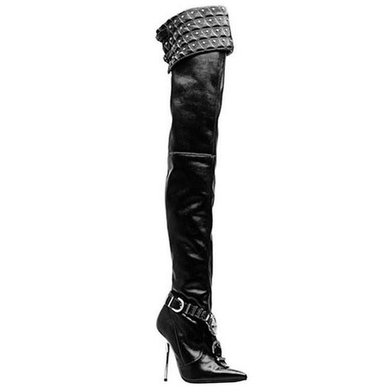 VERSACE “Chelsea” Studded Black Leather Thigh High