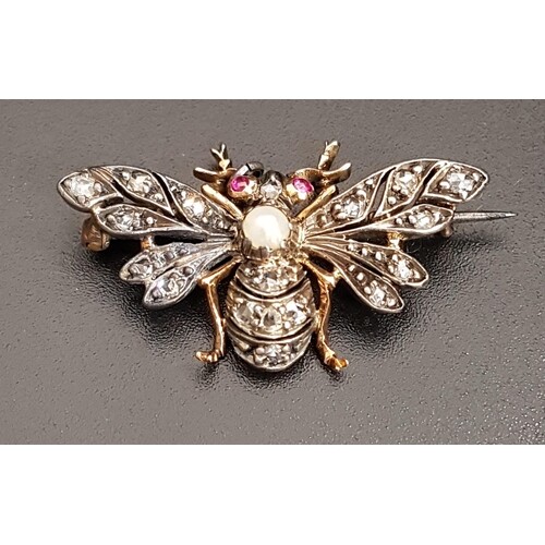 VICTORIAN DIAMOND, PEARL AND RUBY SET FLY BROOCH the central...