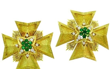 Van Cleef & Arpels Maltese Cross Pin Brooch Clip Pendant Pair of Gold Gemstones