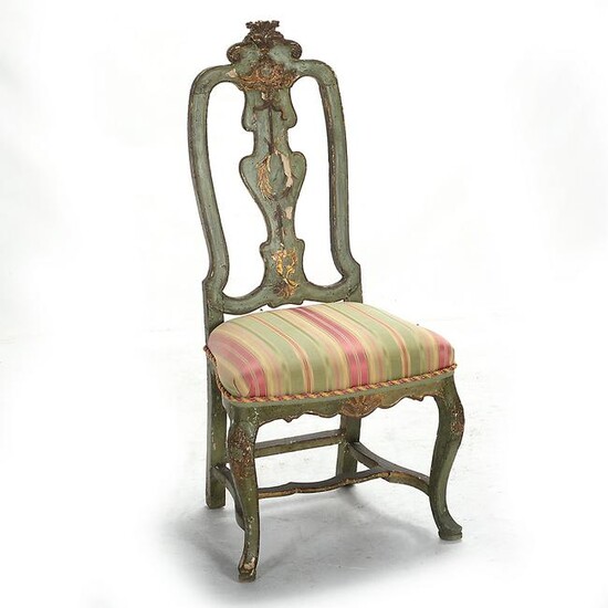 Venetian Green Painted Parcel Gilt Side Chair.