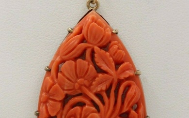 Victorian 9K Gold, Carved Coral Flowers Bouquet Pendant, Antique Charm