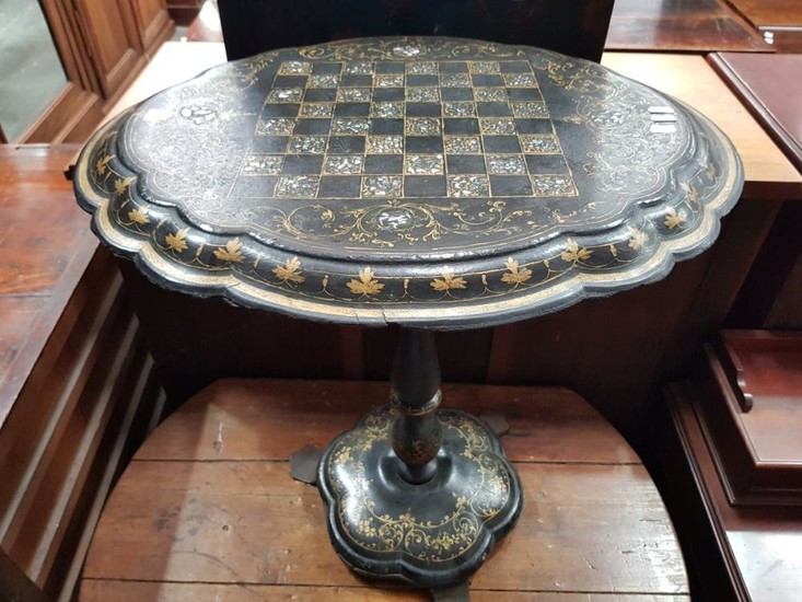 Victorian Papier-Mache Chess or Games Table, with chequer board, mother-of-pearl inlays & gilding, on a turned pedestal with iron fe...