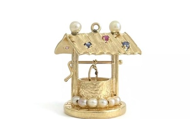 Vintage 1950's Pearl Ruby Sapphire Wishing Well Charm 14K Yellow Gold, 8.04 Gram