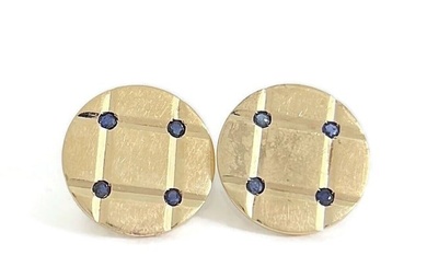 Vintage 1950's Sapphire Checker Button Stud Earrings 14K Yellow Gold, 5.58 Grams