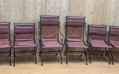 Vintage Brutalist Leather and Wrought Iron Sculpted Sling Dining Chairs by Ilana Goor - Set of 6