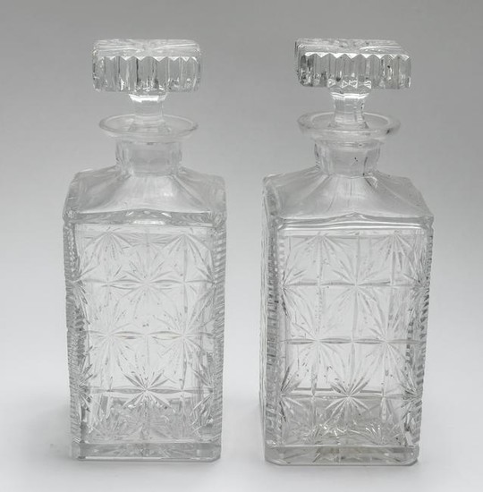 Vintage Cut Glass Square Form Decanters, Pair