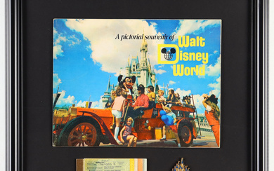 Vintage Disney World 16x17 Custom Framed Souvenir Program Display with Ticket Book & Disney World Pin