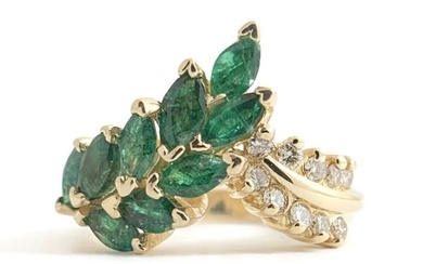 Vintage Green Emerald Diamond Chevron Statement Ring 14K Yellow Gold, 4.45 Grams
