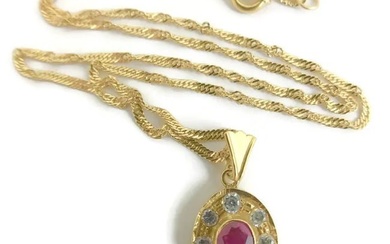 Vintage Oval Simulated Ruby CZ Halo Pendant Necklace 18K Yellow Gold, 5.47 Grams