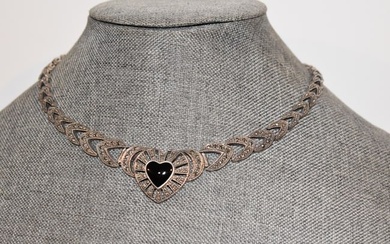 Vintage sterling silver onyx large marcasite heart Necklace 17" 54 grams