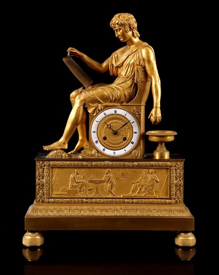 (-), Fire-gilt bronze mantel clock with a seated...