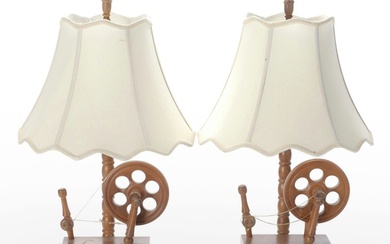Wooden Spinning Wheel Table Lamp Pair, Mid-20th C.