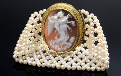 Woven cultured pearl bracelet with shell camée "Amor und Flora" in YG 585 granulé setting, 50.7g, 20.5cm