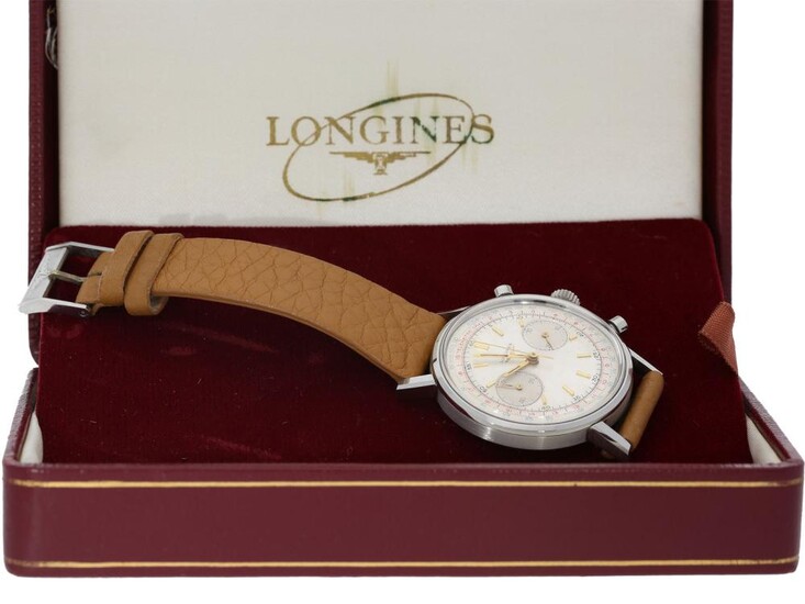 Wristwatch: rare oversize steel chronograph, Longines 30CH Ref.7413 Flyback, with original box and certificate, sold 1966