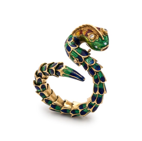 YELLOW GOLD AND POLYCHROME ENAMEL SNAKE RING
