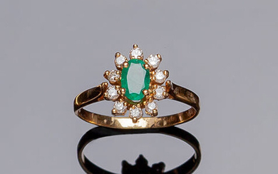 Yellow gold ring with a fine oval emerald center...