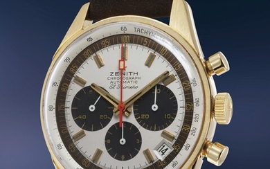 Zenith, Ref. GH 381 A charismatic and bold yellow gold automatic chronograph wristwatch with tropical dial and box