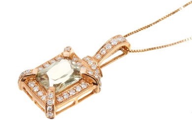 Zultanite and diamond pendant necklace with a rectangular fancy cut Zultanite surrounded by a border of brilliant cut diamonds suspended from a diamond set loop in 14ct rose gold setting on 14ct ro...