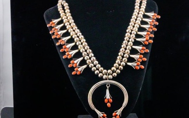 Zuni 5mm Coral and Sterling Squash Blossom Necklace