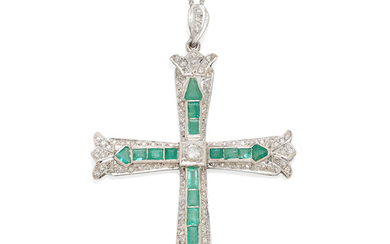 a 14k white gold, diamond and emerald cross pendant-necklace