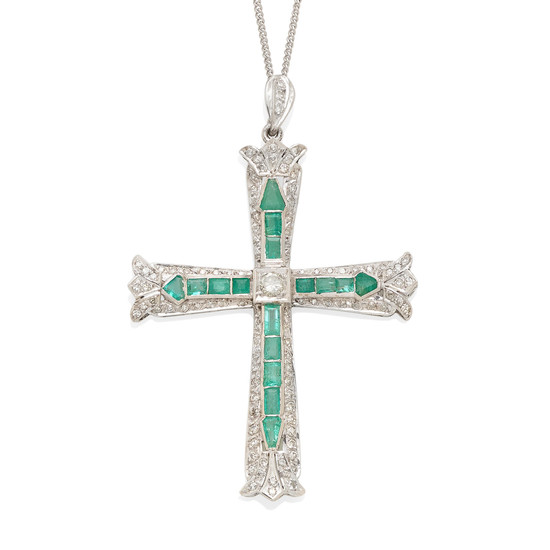 a 14k white gold, diamond and emerald cross pendant-necklace