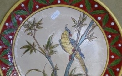 1 Earthenware dish decorated with Parrot on branch...