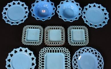 (10) Blue Milk Glass Dishes and Plates