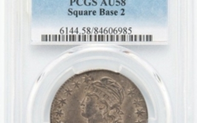 1827 Capped Bust Half Dollar, PCGS AU58, with great luster and toning.