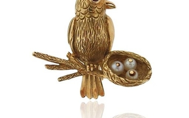 A French gold bird brooch, the bird set...