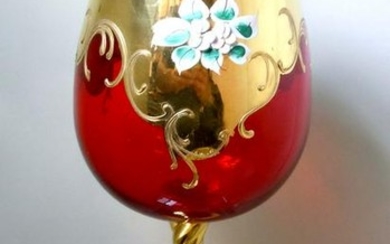 GOLD OVERLAY CRANBERRY RED BOHEMIAN GLASS WINE GOBLET