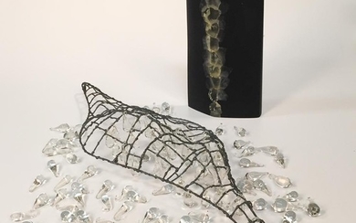 Two Hiromi Masuda Art Glass Sculptures, Japan, c. 2005, clear glass, welded wire mesh, and cast glass, ht. 4 3/4, 13 3/4, wd. 34, 6 5/8