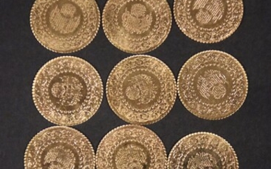 12 Monnaies Turques : 25 KURUSH ATTURK, 1942-2019, en or 917°°° (diamètre 18 mm). poids...