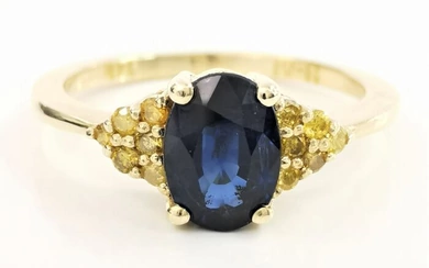 1.22 ct blue sapphire & 0.06 ct fancy intense yellow diamonds designer ring - 14 kt. Yellow gold - Ring - 1.22 ct Sapphire - Diamonds