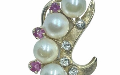 14 kt. Yellow gold - Earrings Pearls - Diamonds, Rubies