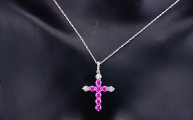 14K White Gold and 0.70ctw Pink Sapphire Cross Necklace