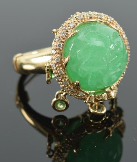 14K yellow gold carved jadeite and diamond halo ring.