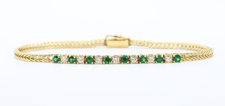 14KY Gold Diamond, Emerald Simulant Bracelet