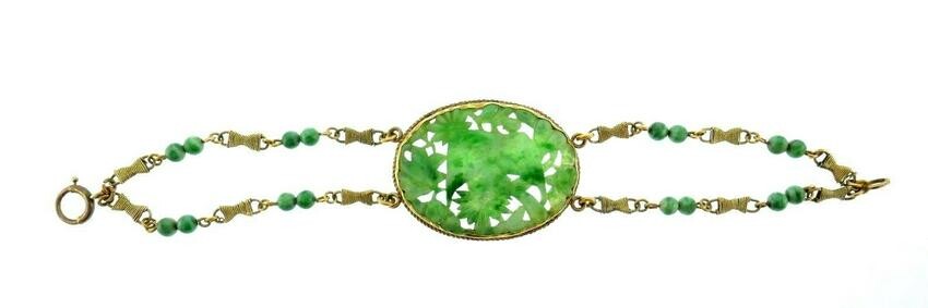 14k Yellow Gold Carved Jade Antique Bracelet