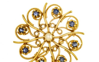 14KT Yellow Gold, Sapphire & Pearl Brooch, C. 1940, Dia. 1.25’’ 10G