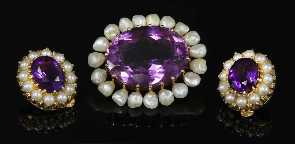 A late Victorian gold amethyst and pearl oval brooch