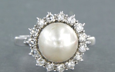 18 kt. Freshwater pearl, White gold, 8.7 mm - Ring - 0.30 ct Diamond