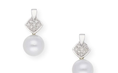 18 kt. White gold - Earrings - 0.40 ct Diamonds - 10mm Australian pearls