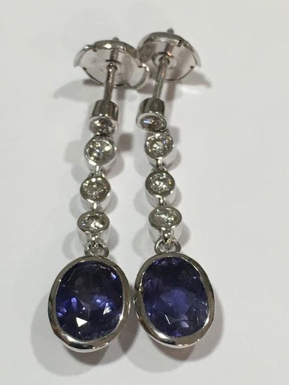 18 kt. White gold - Earrings - 3,20 ct Sapphire - Diamonds